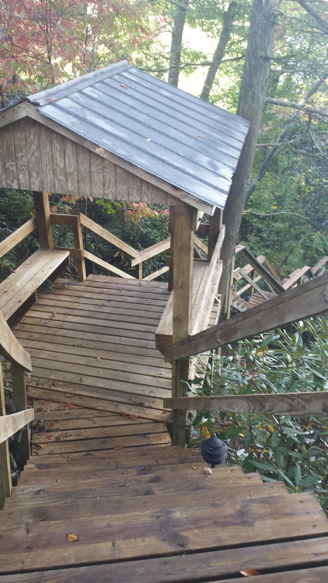 Metal roofed shelter over wooden steps on a wooded walkway — Skylight Repair & Installation work by our crew in Cooke City